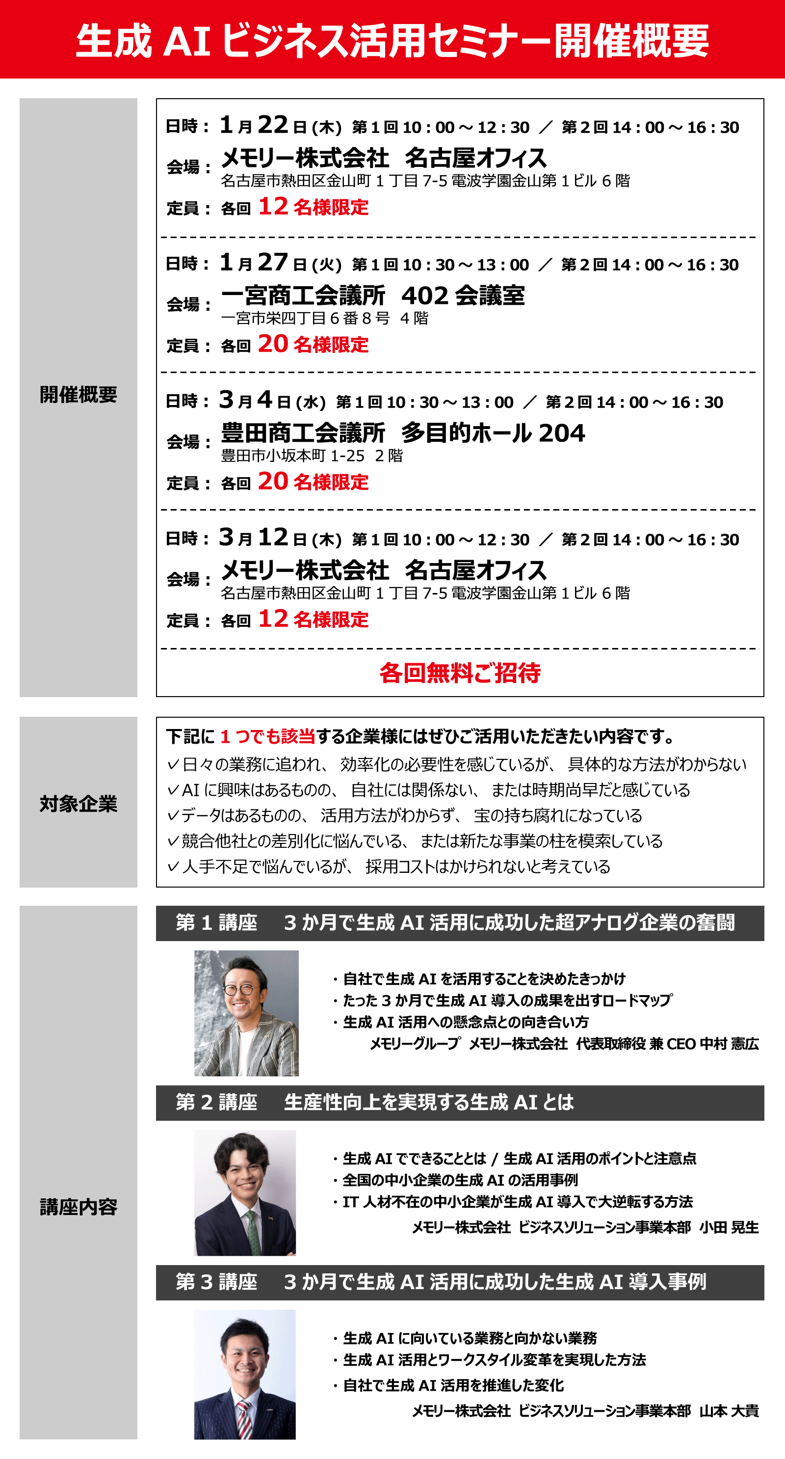 2026年1月22日(木) / 1月27日(火) / 3月4日(水) / 3月12日(木)開催 生成AIビジネス活用セミナー 概要