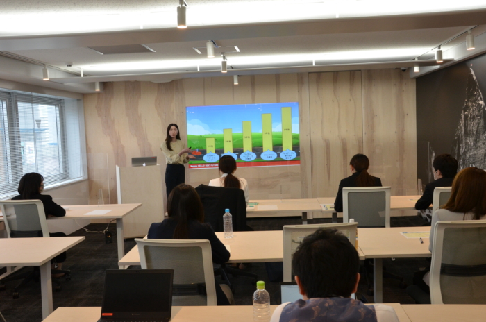 カラフルなスライドを用いて話をする女性