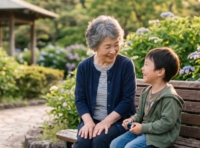 男の子に語りかけるおばあちゃん